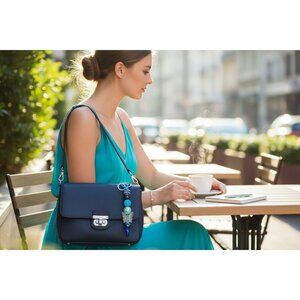 Blue Beaded Keychain With Butterfly Charm & Glitter Accents Lightweight Accessor